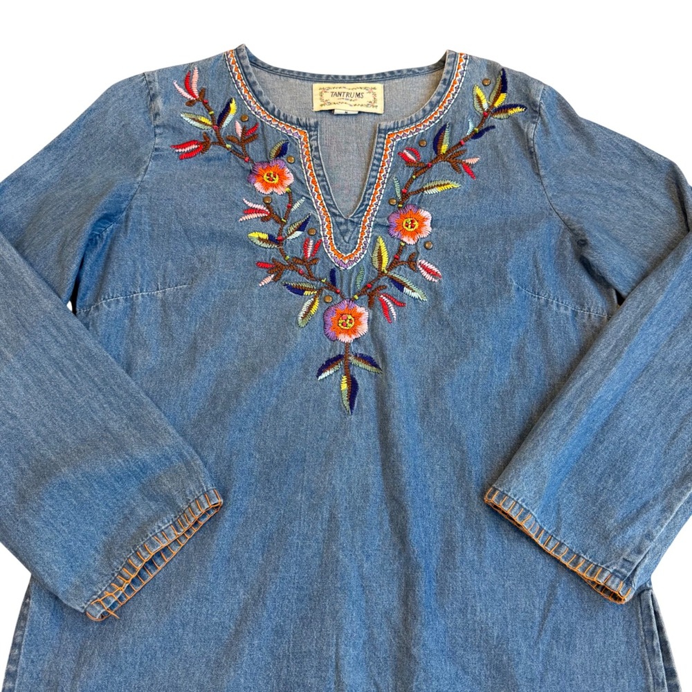 Tantrums Womens Medium Blue‎ Denim Embroidered Floral Boho Tunic Top Cotton M - Picture 4 of 15